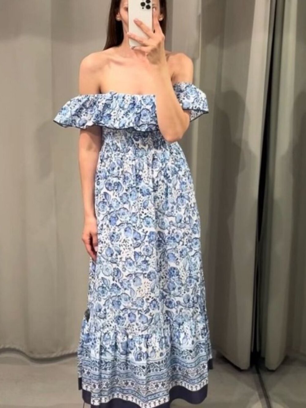 Zara Off The Shoulder Floral Print Maxi Dress Cotton Blue White Size Medium - Picture 2 of 8